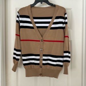 Tan Black White Red Horizontal Stripe Cardigan No Size Looks Small/Medium
